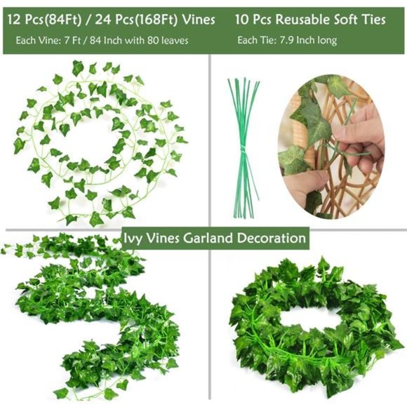 84 Ft 12 Strands Fake Ivy Leaves Artificial Ivy Garland Greenery Decor Faux Vine - Picture 2 of 7